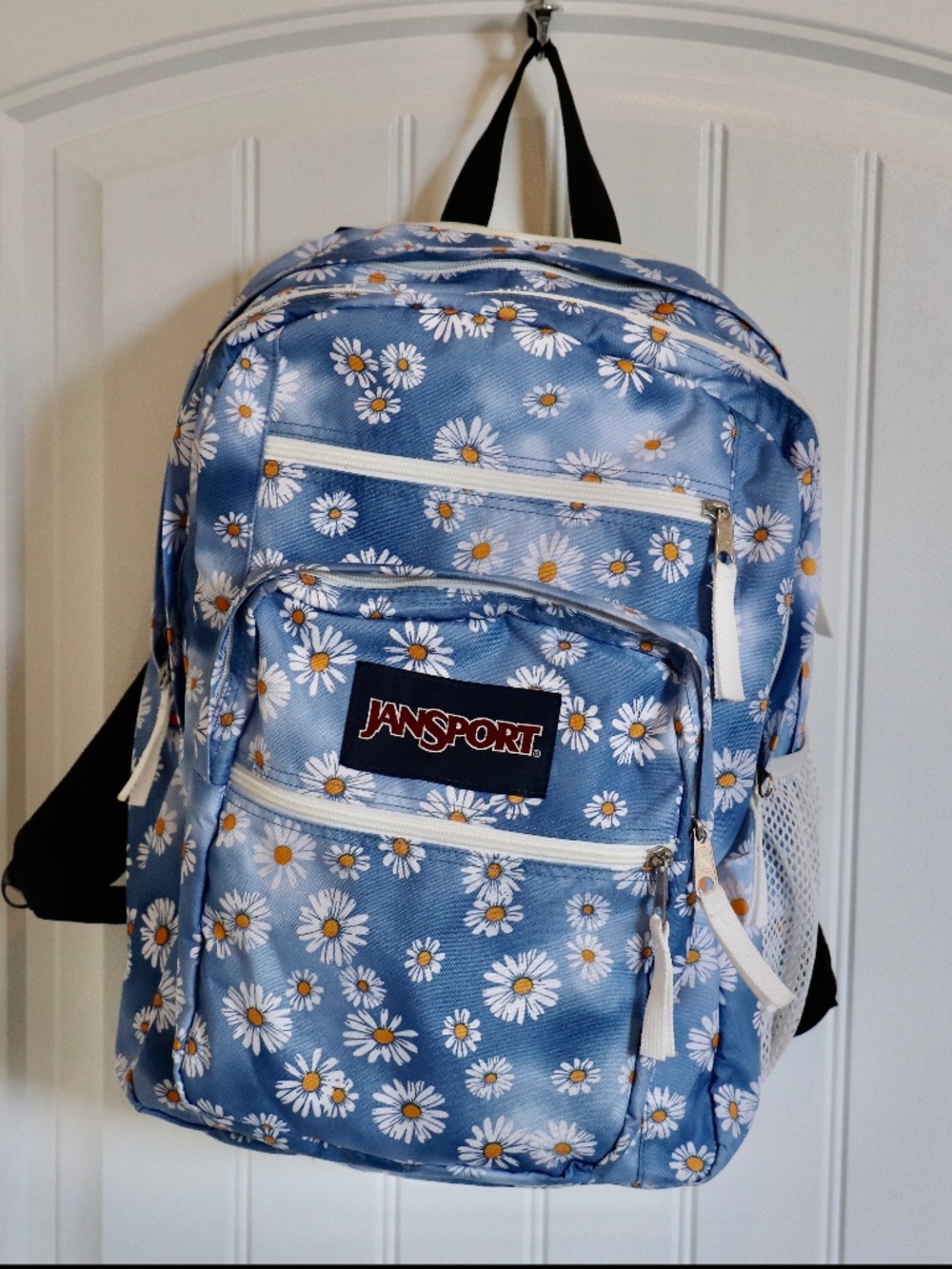 Jansport Big Student backpack light blue daisy zippered pockets floral school